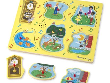 MELISSA & DOUG  Nursery Rhymes Sound Puzzle: Sing along with favorite childhood characters like The Itsy Bitsy Spider and the Farmer in the Dell with this unique wooden peg song puzzle - 735 For Sale