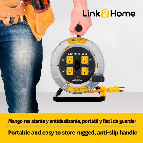 Link2Home Retractable Cord Reel with 4 Outlets 15.24 m   50 ft. This reel is the perfect solution for any space, whether in your workshop, garage, or for outdoor activities.-472679 Online Sale