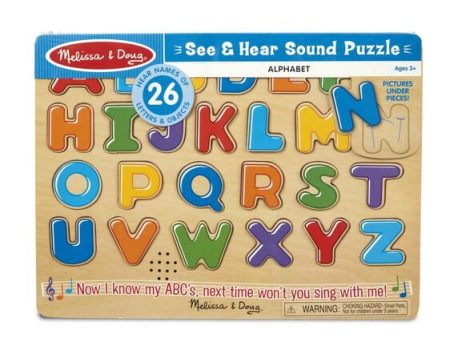 MELISSA & DOUG Alphabet Sound Puzzle: This 26-piece wooden puzzle pronounces the correct name of each letter when it is placed correctly in the puzzle board - 340 For Sale